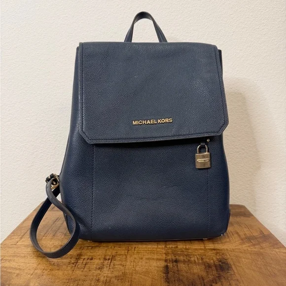 Michael Kors Dark Blue Hayes Backpack with Gold Lock - Picture 1 of 7